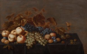 Still Life of Fruit on a Table Draped with a Dark Cloth: Plums, Apples, Bunches of Black and White Grapes and Pears